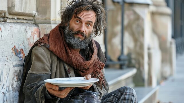 A poignant image of a sad beggar on the sidewalk holding an empty plate symbolizing hardship