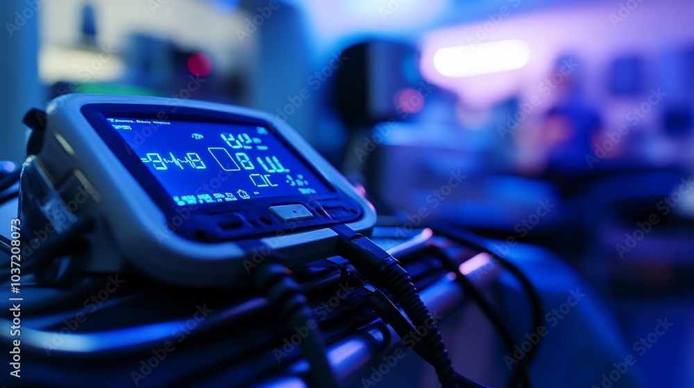 Poster close-up of a medical monitor with a digital display showing vital signs in a hospital room.