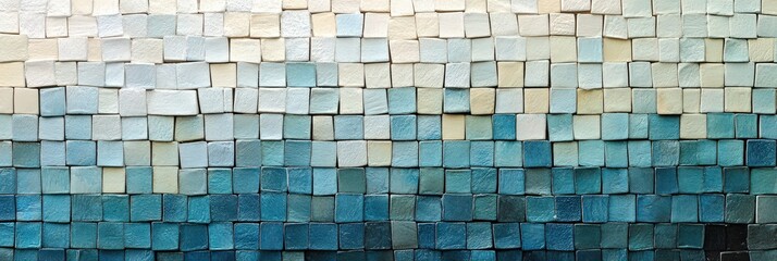 Mosaic pattern with small uniform tiles in gradient blue tones for interior design and decoration. Abstract gradient blue and white tile pattern for modern interior design