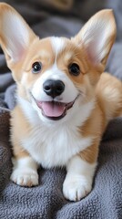 Adorable Pembroke Welsh Corgi puppy with a bright smile, floppy ears, and expressive eyes, sitting on a soft gray blanket, radiating pure joy and cuteness.