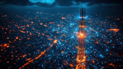 A digital network visualization over a city skyline featuring a tall tower.