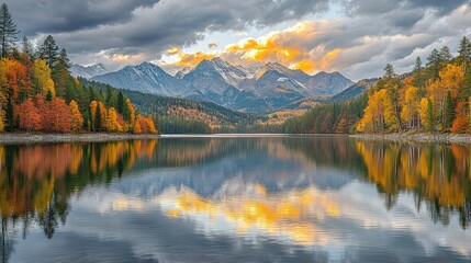 Obraz premium Majestic mountain range reflected in still lake water at sunset, with colorful autumn foliage lining the shore.