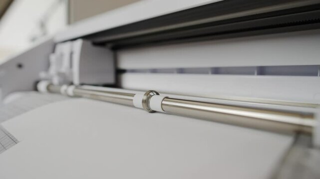Cutting plotter close-up. The process of cutting vinyl film or paper. Cutting cardboard. Sticker cutting machine: paper and cardboard