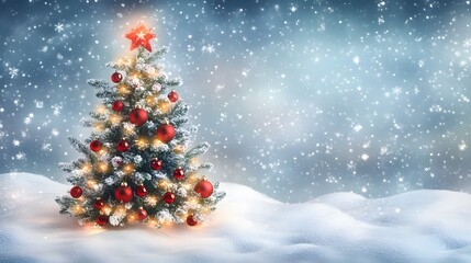 Obraz premium Decorated Christmas Tree in Snowy Landscape