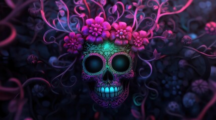 Vibrant floral skull design a fusion of life and death in colorful artistry