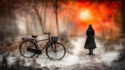 Obraz premium A solitary woman in a long coat stands on a snowy path in a misty forest, gazing at the fiery red sunset, her bicycle parked beside her.