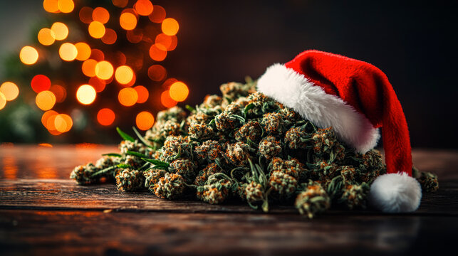 Pile of marijuana buds with red Santa Claus hat on top, Christmas gift - Powered by Adobe