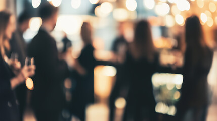 After-hours business networking event with a soft blur, capturing the relaxed atmosphere of professionals socializing in an upscale bar or lounge.
