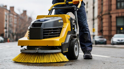 A man cleans the street with a street cleaning machine early in the morning