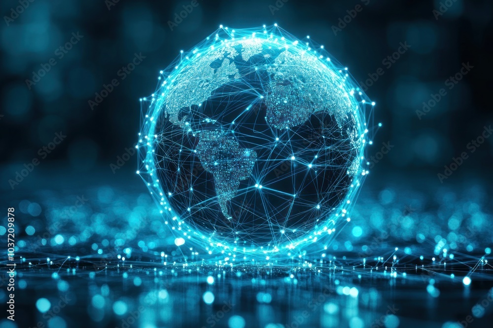Poster a digital representation of earth connected by glowing lines, symbolizing global networking.