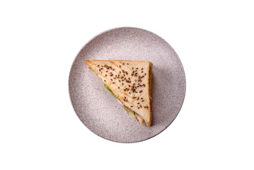 Sandwich with toast bread, meat, tomatoes, cheese, sauce, salt and spices