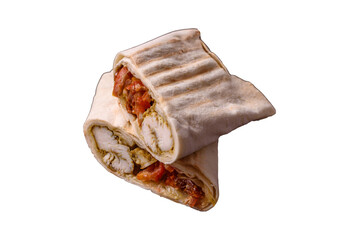 Roll with pita, meat, tomatoes, cheese, sauce, salt and spices