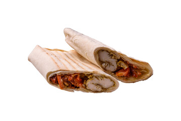 Roll with pita, meat, tomatoes, cheese, sauce, salt and spices