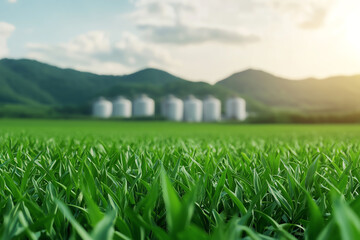 Vibrant green fields with silos under a clear sky a serene landscape of nature and agriculture