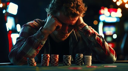 Man Leaning on Table with Head Down in Desperation after Gambling Loss in Casino