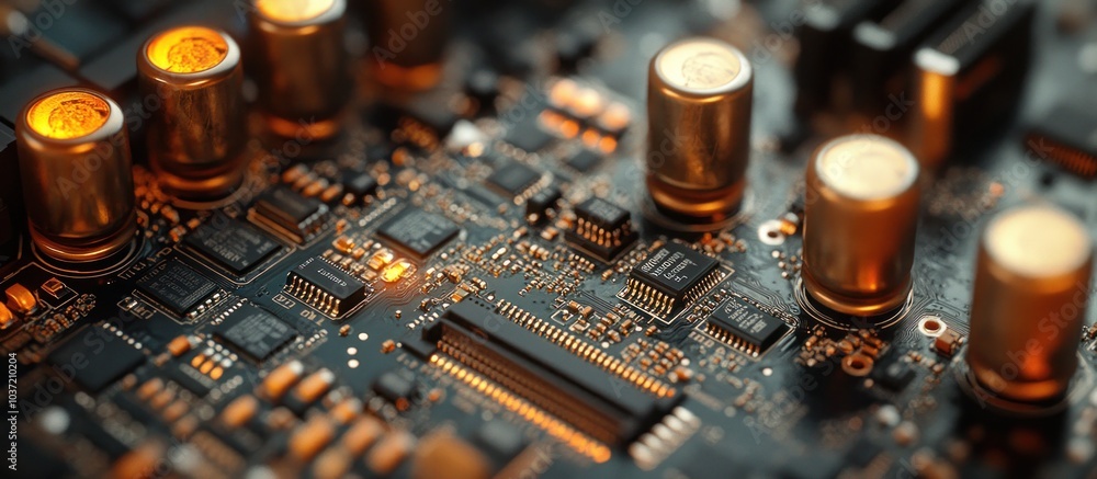 Poster close-up of a circuit board showcasing electronic components and connections.