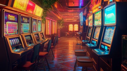 Row of Slot Machines in Casino with Neon Lights and Blurred Background