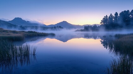 Fototapeta premium Serene Dawn: Fog Over Still Lake with Mountain Reflections