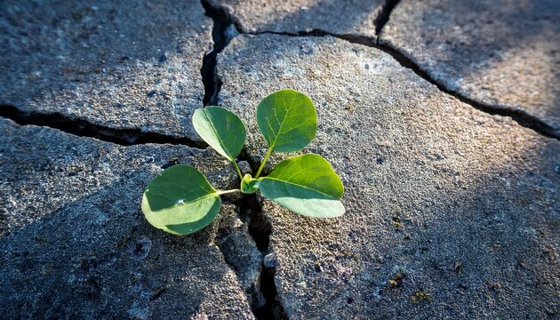 Nature's resilience in a harsh environment a small, vibrant green plant with delicate leaves and a few blooming flowers growing from a crack in a crumbling concrete surface, a sense of resolve and bea