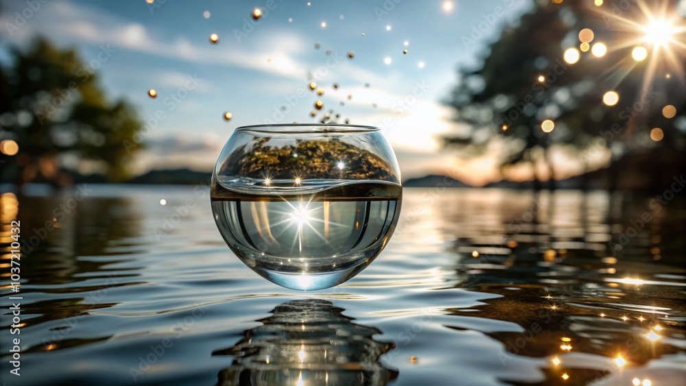 Poster Elegant Glass Shape Floating Above Water with Bokeh Effect for Stunning 3D Rendering