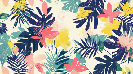 A colorful tropical pattern with large leaves and flowers in various colors on a light background, perfect for summer textile design