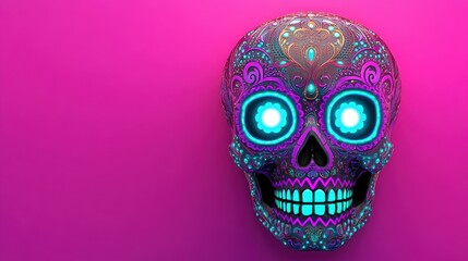 Fototapeta premium A vibrant, decorative skull with glowing blue eyes set against a bright pink background, showcasing intricate patterns and colors.