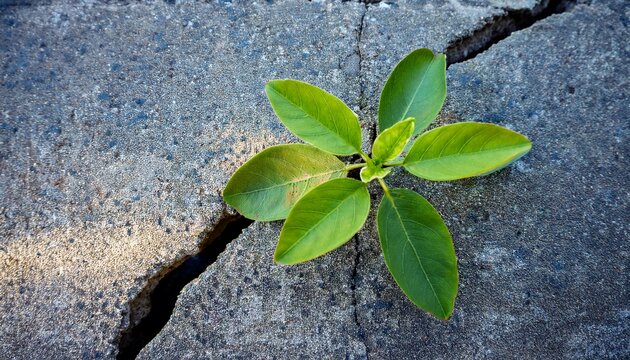 Nature's resilience in a harsh environment a small, vibrant green plant with delicate leaves and a few blooming flowers growing from a crack in a crumbling concrete surface, a sense of resolve and bea