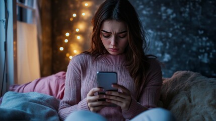 Fototapeta premium Sad Unhappy Young Woman Holding Her Smartphone with Gloomy Expression in Cozy Room