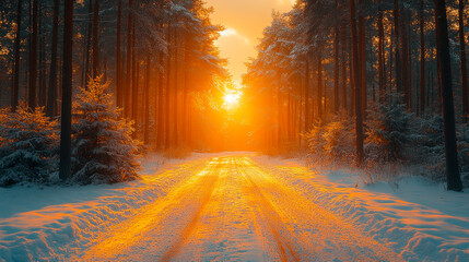 Beautiful winter forest, foggy sunrise