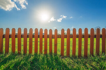 Obraz premium A photo of a wooden fence standing tall in a grassy field under a bright sun and blue sky, creating a peaceful rural scene with vibrant colors 