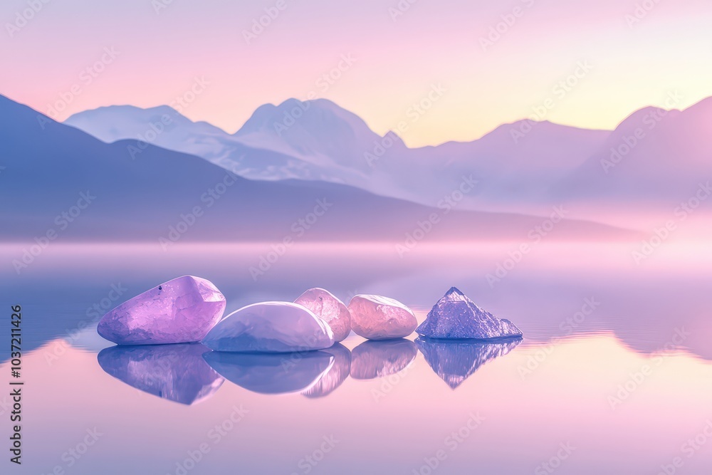 Poster Serenity at dawn: tranquil crystal lake with misty mountains in the background.