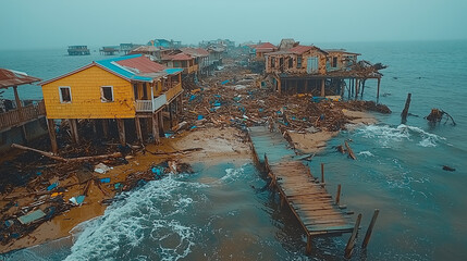 Aerial view of coastal town after hurricane, with uprooted trees, destroyed homes, and debris scattered across the beach, capturing the devastating aftermath of the storm.