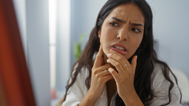 Young woman puzzled examining her face in a spa salon beauty center indoor wellness room with a thoughtful expression wearing a white robe