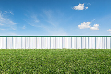 Fototapeta premium A green field with a white metal fence under a clear blue sky with a few white clouds creating a serene and open landscape view 
