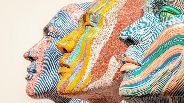 Colorful ceramic sculptures showcasing artistic design, texture, and human form, ideal for creative projects and decoration.