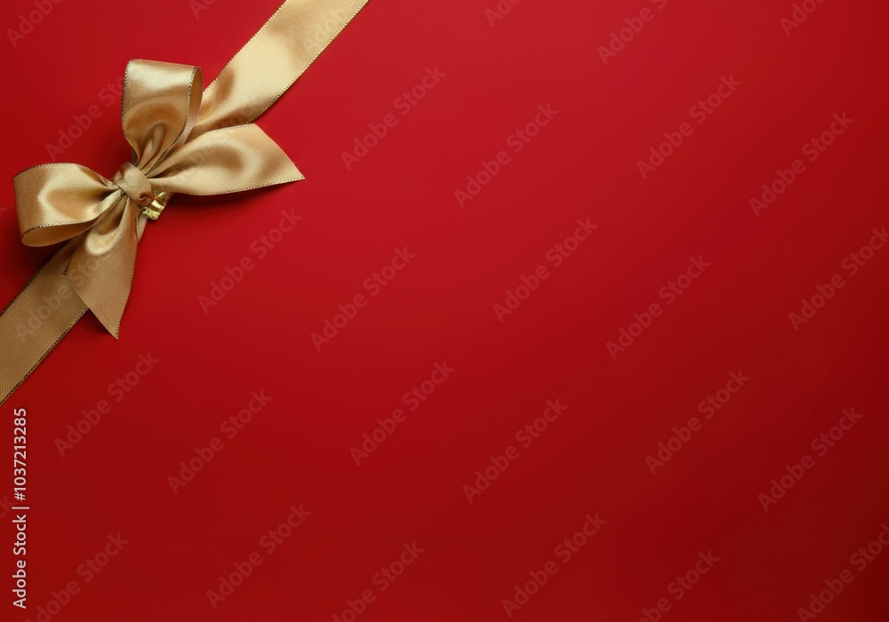 Wall mural golden ribbon is forming a bow on a red background for a christmas gift