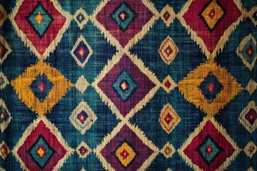 Vibrant central asian textile pattern with geometric diamond motifs for cultural design.