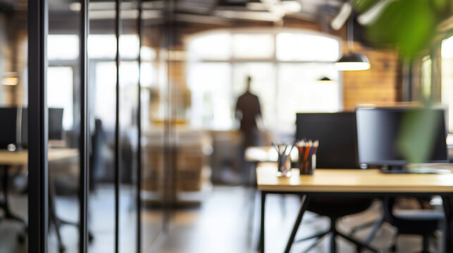 Open-plan office blur with creative workstations, highlighting a collaborative and modern business environment.