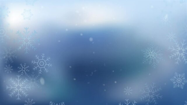 Flat snowflakes on blue gradient background. Vector snow. New Year background empty in the center. Clean winter holiday template in blue. Looping animated video 4K, 60 fps.