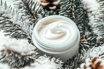 Luxurious cream nestled in snowy pine branches, perfect for winter skincare or holiday-themed beauty products.