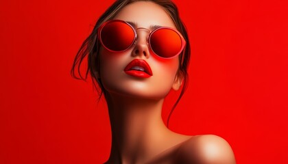 Elegant Woman with Red Sunglasses Bright Red Lips Posing