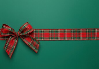 Red tartan ribbon with a bow on green wrapping paper, creating a festive backdrop for holiday greetings or promotions