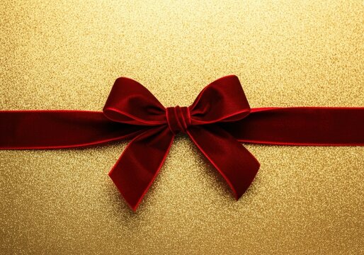 Red velvet bow tied on a red ribbon over a gold glitter background, creating a festive holiday theme - Powered by Adobe