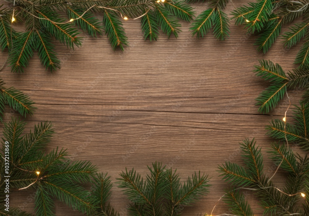 Poster christmas fir tree branches and string lights bordering rustic wood with copy space