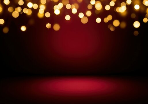 Abstract christmas background with golden bokeh lights sparkling over red surface
