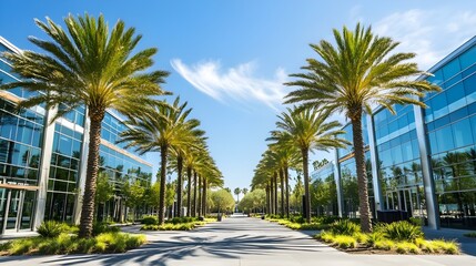 Modern Glass Building with a Palm Tree.