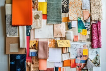 Creative inspiration board with fabric swatches and colorful textures for design ideas.