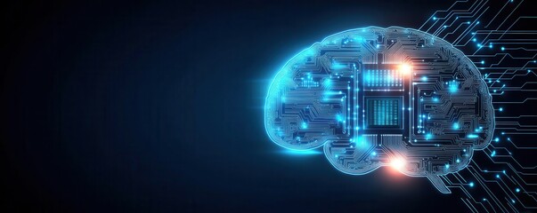 Fototapeta premium Abstract brain design with glowing circuit patterns, microchips at key connection points, neon lights radiating energy Perfect for AI and tech-forward projects