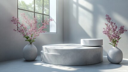 A minimalist interior scene featuring a round platform and vases with pink flowers.