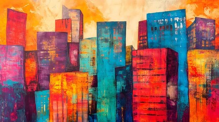 Vibrant urban skyline a colorful abstract representation of contemporary city life at sunset